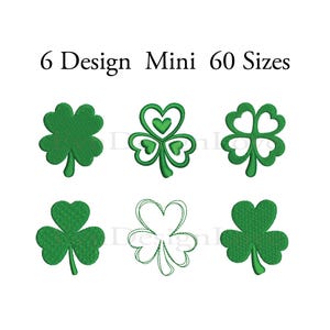 Può includere: Sono presentati sei disegni di trifogli verdi, ognuno con uno stile unico. Il testo "6 Design Mini 60 Sizes" è sopra i trifogli. I disegni includono trifogli pieni e contornati, e trifogli con foglie a forma di cuore.