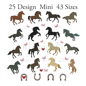 Könnte beinhalten: Eine Sammlung von Pferdesilhouetten in verschiedenen Farben, darunter Braun, Schwarz und Beige, mit rosa Schmetterlingen und Herzen. Der Text "25 Design Mini 43 Sizes" steht oben. Auch Hufeisen-Designs.