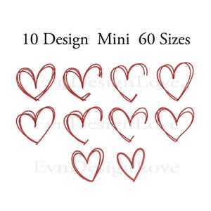 May include: Ten different designs of hand-drawn hearts in red, each in 60 different sizes. The text "10 Design Mini 60 Sizes" is at the top of the image.