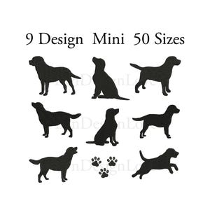 Pode incluir: Nove designs de silhueta preta de Labrador Retriever em v&aacute;rias poses. O texto "9 Design Mini 50 Sizes" est&aacute; no topo da imagem.