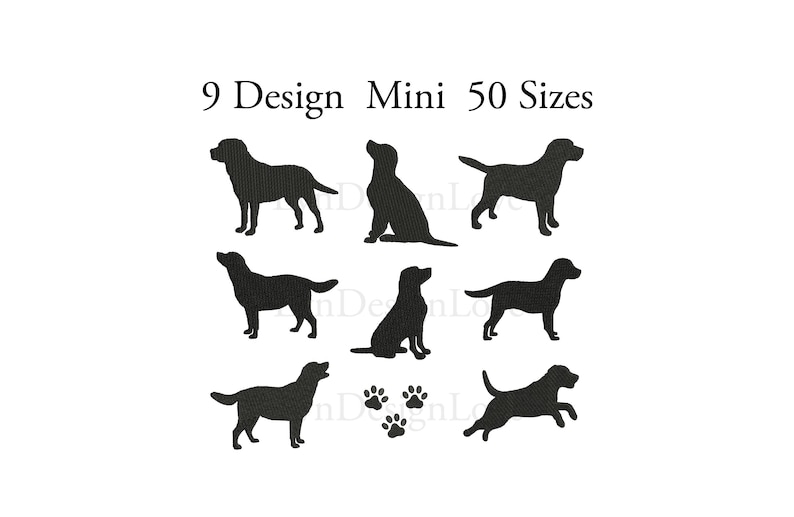 Pode incluir: Nove designs de silhueta preta de Labrador Retriever em v&aacute;rias poses. O texto "9 Design Mini 50 Sizes" est&aacute; no topo da imagem.