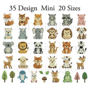 May include: A collection of 35 embroidered animal designs in mini sizes, featuring a fox, squirrel, bear, rhino, raccoon, pig, elephant, monkey, hedgehog, dog, koala, lion, panda, kangaroo, tiger, zebra, deer, sheep, goat, cow, whale, rabbit, and turtle.