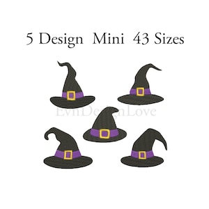 May include: Five black witch hat embroidery designs with purple bands. The hats are in different positions and angles. The text "5 Design Mini 43 Sizes" is at the top of the image.
