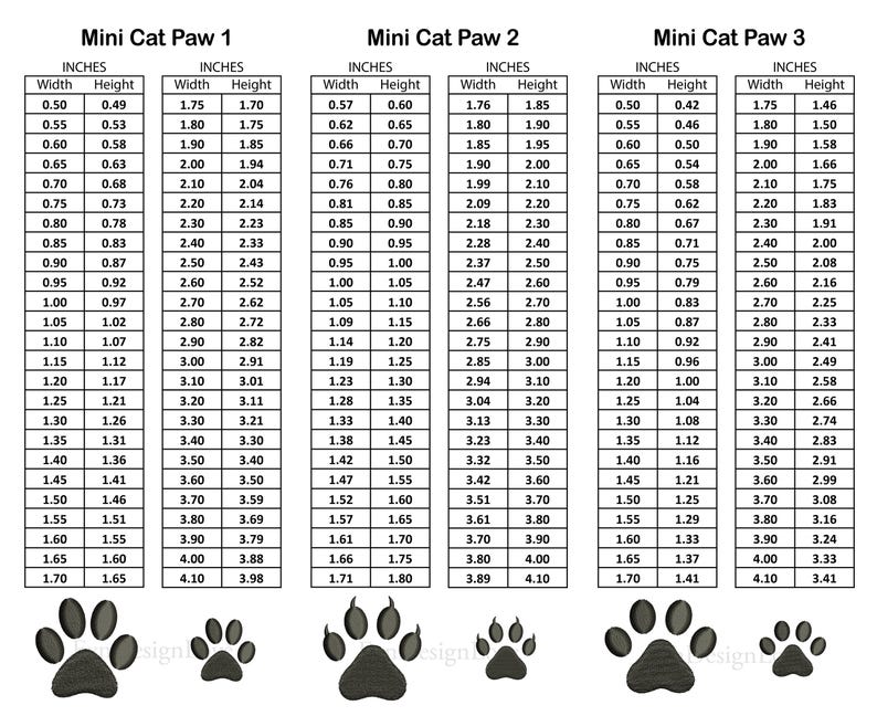 May include: A chart showing three different sizes of cat paw embroidery designs. The chart shows the width and height of each design in inches.