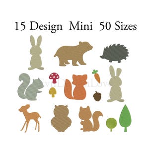 Könnte beinhalten: 15 Design Mini 50 Größen. Ein Set mit 15 Stickdesigns mit Waldtieren und Pflanzen. Die Designs beinhalten ein Kaninchen, einen Bären, einen Igel, ein Eichhörnchen, einen Fuchs, ein Reh, eine Eule und einen Baum. Die Designs sind in verschiedenen Farben, darunter Braun, Grau, Orange, Grün und Rot.