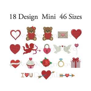 May include: 18 Valentine's Day embroidery designs in 46 sizes. The designs include hearts, teddy bears, doves, a cupcake, a ring, a gift box, an arrow, and a cupid.