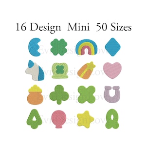 Puede incluir: 16 diseños de bordado mini en 50 tamaños, con una variedad de iconos temáticos del Día de San Patricio, incluyendo un arcoíris, un trébol, un pote de oro, una herradura y más. Los diseños están en varios colores, incluyendo verde, azul, amarillo, naranja y rosa.