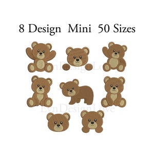 Set Mini Cute Bear Embroidery, Set Baby Bear Embroidery, Mini Bear Embroidery, Mini Animal Embroidery,  8 Mini Design Bear, 50 Sizes