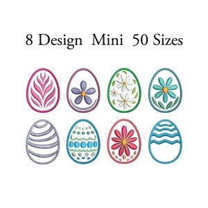 May include: Eight Easter egg designs with floral and geometric patterns in various colors, including pink, blue, green, and red. The text "8 Design Mini 50 Sizes" is at the top. The eggs are outlined in a dark color.