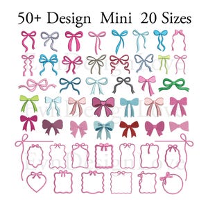 Op de afbeelding: Een verzameling van meer dan 50 geborduurde strikontwerpen en 20 kaderfiguren in diverse kleuren, waaronder roze, blauw, groen en rood. De tekst 50+ Design Mini 20 Sizes staat bovenaan. Deze digitale borduurpatronen bevatten uiteenlopende stijlen.