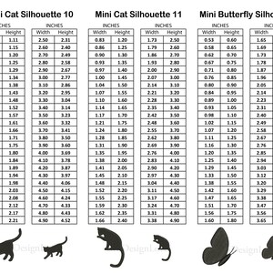 May include: A chart with measurements in inches for three different silhouette designs: a cat, a butterfly, and a cat sitting. The cat silhouettes are black and the butterfly silhouette is blue.