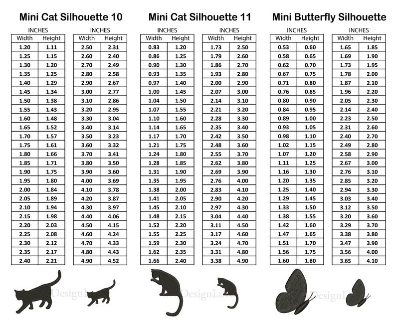 May include: A chart with measurements in inches for three different silhouette designs: a cat, a butterfly, and a cat sitting. The cat silhouettes are black and the butterfly silhouette is blue.