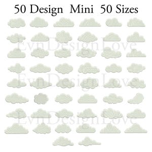 Op de afbeelding: Een verzameling van 50 witte, wolkvormige borduurpatches gerangschikt in een raster. De tekst 50 Design Mini 50 Sizes staat bovenaan en het watermerk EvnDesignLove is zichtbaar in het midden van de afbeelding.