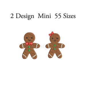 May include: Two gingerbread people embroidery designs, one with a bow tie and one with a bow. The designs are brown with white icing and green and red accents. The text "2 Design Mini 55 Sizes" is above the designs.
