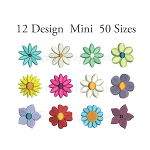 May include: Twelve embroidery designs of various flowers in different colors, including blue, green, yellow, pink, red, and purple. The designs are labeled "12 Design Mini 50 Sizes".