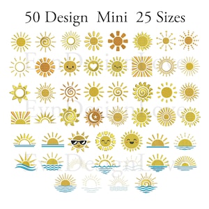 May include: A collection of 50 gold and yellow sun icons in various styles, including simple rays, smiling faces, hearts, and suns rising over blue waves. The text 50 Design Mini 25 Sizes is displayed at the top of this graphic design set.