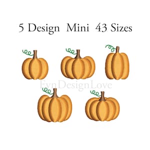 May include: Five mini pumpkin embroidery designs in orange with green stems. The designs are for machine embroidery and come in 43 sizes.