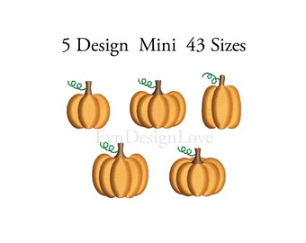 May include: Five mini pumpkin embroidery designs in orange with green stems. The designs are for machine embroidery and come in 43 sizes.