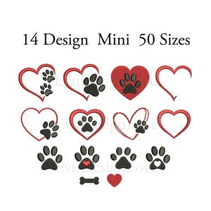 Set Mini Pfoten Herzstickerei, Set Pfoten Herzstickerei, Mini Hund Pfote Maschinenstickerei, Mini Herz Hundestickerei, 14 Mini Design, 50 Größen