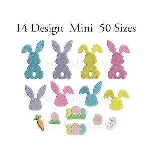 Può includere: Una collezione di ricami a tema pasquale. L'immagine presenta sagome di coniglietti in vari colori pastello, insieme a uova di Pasqua, una carota e un'impronta di zampa. Il testo in alto recita "14 Design Mini 50 Sizes."