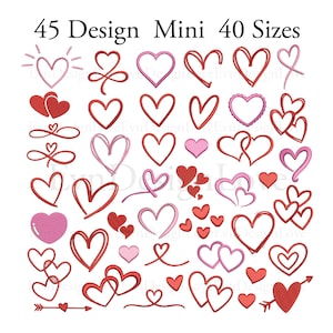Puede incluir: Una colección de 45 mini diseños de corazones en 40 tamaños, con varias ilustraciones de corazones estilo bordado en rojo y rosa, incluyendo corazones simples, conectados y con flechas, dispuestos en una cuadrícula con el texto 45 Design Mini 40 Sizes.