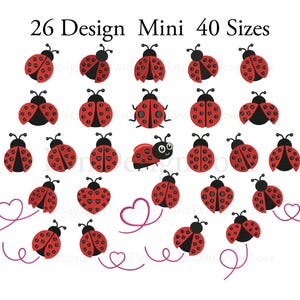 May include: A collection of 26 red and black ladybug illustrations in various poses and sizes, featuring heart-shaped spots on some wings. The text 26 Design Mini 40 Sizes is displayed at the top. Several ladybugs are accompanied by pink heart-shaped trails.