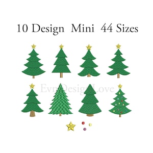 Peut inclure: Dix modèles différents de mini sapins de Noël avec 44 tailles. Les sapins sont verts avec une étoile dorée au sommet. Certains sapins ont des décorations rouges, jaunes et bleues.