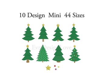May include: Ten different designs of mini Christmas trees with 44 sizes. The trees are green with a gold star on top. Some trees have red, yellow, and blue ornaments.