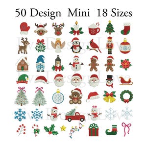 May include: A collection of 50 small Christmas-themed embroidery designs featuring icons like reindeer, Santa Claus, snowmen, gingerbread men, Christmas trees, snowflakes, ornaments, and gifts, with the text 50 Design Mini 18 Sizes.