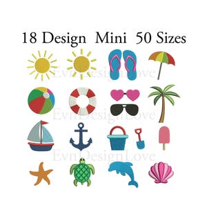 Può includere: 18 disegni di ricamo in miniatura in 50 dimensioni, con temi estivi e da spiaggia.  Include un sole, una palla da spiaggia, un salvagente, infradito, occhiali da sole, una palma, una barca a vela, un'ancora, un secchiello e una pala, un ghiacciolo, una stella marina, una tartaruga e un delfino.