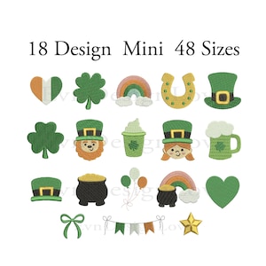 Könnte beinhalten: 18 Design Mini 48 Größen. Ein Set mit 18 Stickmotiven zum Thema St. Patrick's Day in verschiedenen Größen. Die Motive umfassen ein Kleeblatt, einen Kobold, einen Topf mit Gold, einen Regenbogen, ein Hufeisen, einen Bierkrug, ein Herz, ein Banner und einen Stern.