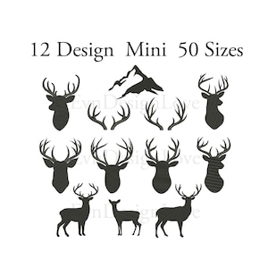 May include: A collection of 12 deer designs in various poses and styles, including silhouettes of deer heads, antlers, and full deer figures. The designs are in black and white, with the text "12 Design Mini 50 Sizes" at the top.