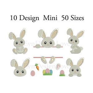 Peut inclure: Dix motifs de broderie représentant un lapin gris dans différentes poses, notamment assis, regardant par-dessus une barre et tenant un œuf de Pâques. Les motifs sont intitulés "10 Design Mini 50 Sizes".