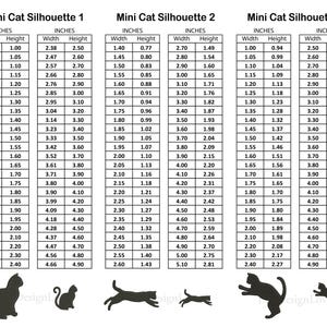 May include: Three charts with measurements in inches for creating mini cat silhouettes. The charts show the width and height measurements for three different cat silhouettes. The silhouettes are shown below the charts.