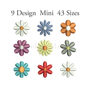 Puede incluir: Nueve diseños de bordado de flores mini en varios colores, incluyendo blanco, azul, morado, amarillo, gris, naranja, turquesa y rojo. El texto "9 Design Mini 43 Sizes" está en la parte superior de la imagen.