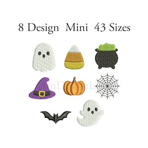 May include: Eight mini Halloween embroidery designs in 43 sizes. The designs include a ghost, a candy corn, a cauldron with green goo, a witch's hat, a pumpkin, a spider web, and a bat.