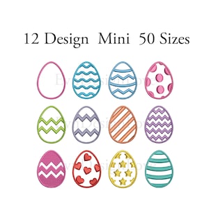 Può includere: Dodici diversi design di motivi di ricamo per uova di Pasqua in miniatura. Le uova sono di vari colori e motivi, tra cui tinta unita, a righe, a pois e a zig-zag.