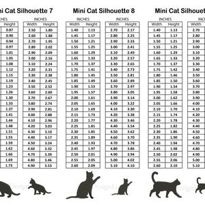 May include: Three charts with measurements in inches for creating mini cat silhouettes. The charts are labeled Mini Cat Silhouette 7, Mini Cat Silhouette 8, and Mini Cat Silhouette 9. Each chart lists width and height measurements in inches.