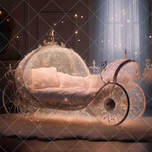 May include: A white carriage bed with a white canopy and sparkling lights. The carriage is made of metal and has wheels. The bed is covered in white fabric and has a white pillow.