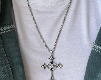 Silver Gothic Cross Pendant Necklace Unisex Stainless Steel Jewelry New