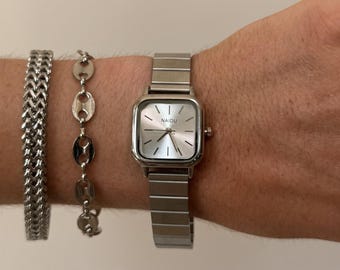 Y2K Silver Square Quartz Watch with Minimal Dial Unisex 8.5" New