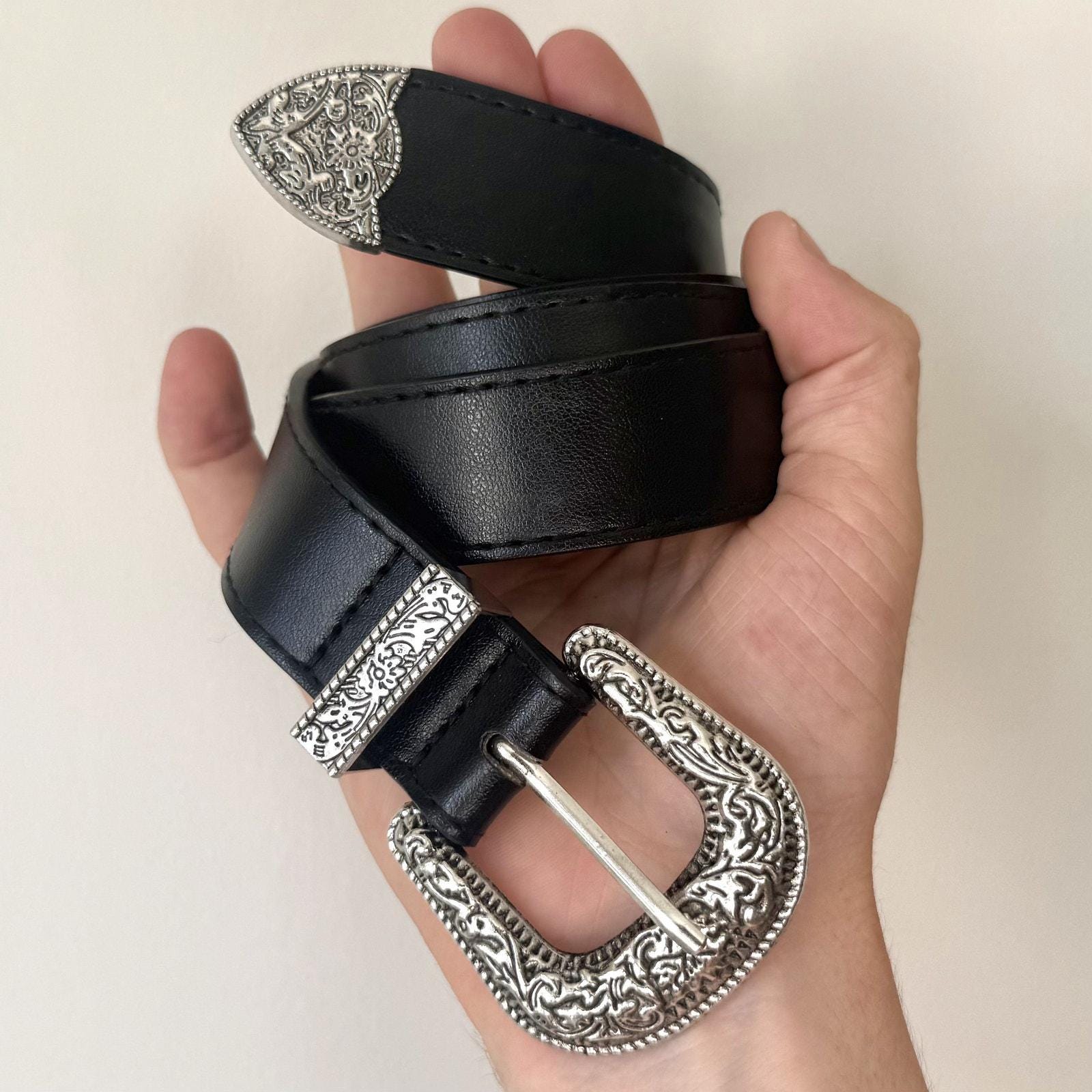 Vintage Fossil Black Leather Western Belt Ornate Silver Buckle Tip Keeper Y2K M Vintage Fossil Black Leather Belt – Holy Thrift main image 2