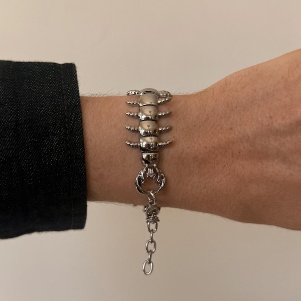 Y2K Silver Stainless Steel centipede Bracelet Lobster Clasp Unisex Edgy Accessory New