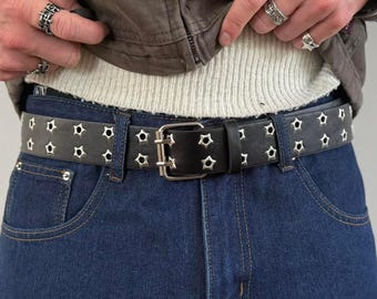 Y2k 2000s Vintage Chrome Cross Buckle Belt Studded Vegan Leather