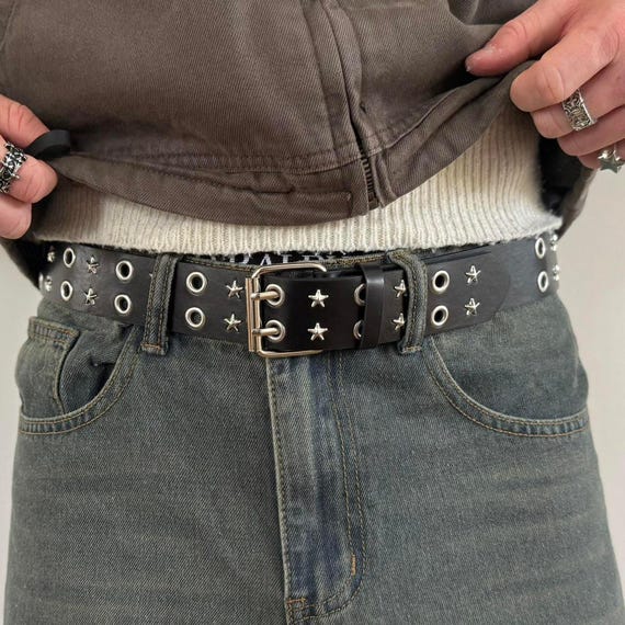 Vintage Western Wide Leather Belt Star Buckle Geometric Boho Waist Vintage Pink Leather Belt With Stars and Antique Metal  main image 2