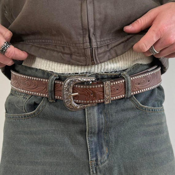Y2k Western Brown Studded Floral Cowboy Boho Belt - Etsy  display picture 2