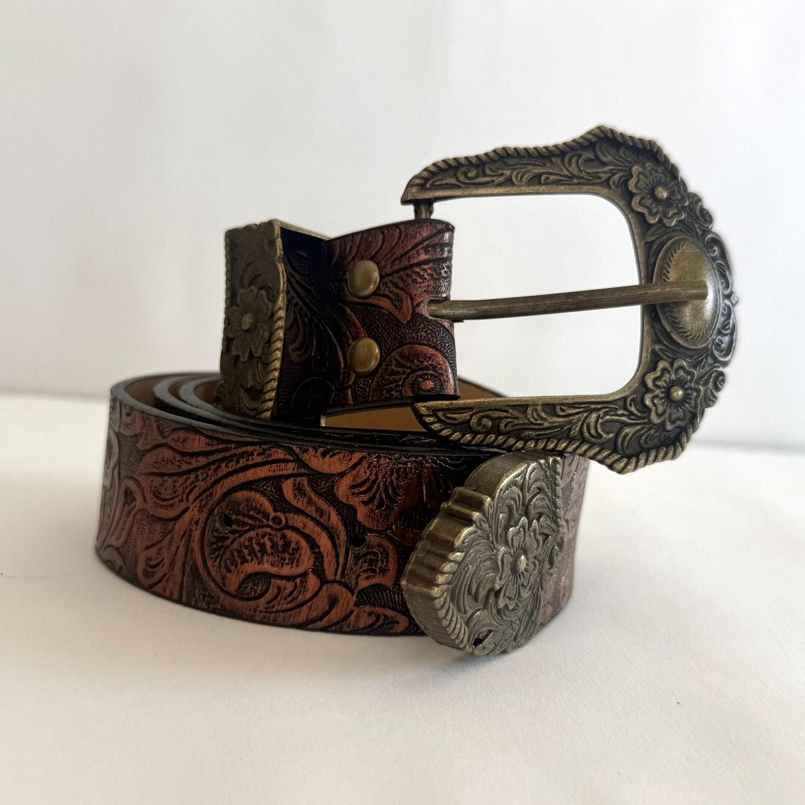 Floral Print Western Belt Red & Blue Golden & Black Enamel Buckle Boho Statement WOMENS Blue LILLY EMBROIDERED Western Cowgirl Cowboy Black  main image 3