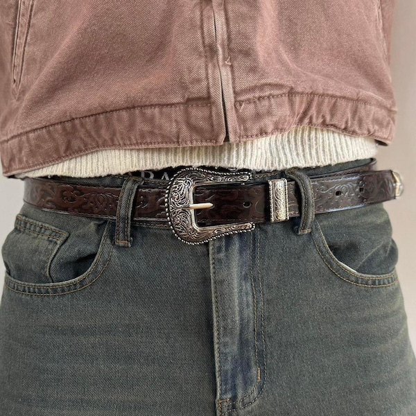 y2k brown leather and silver western cowboy boho belt