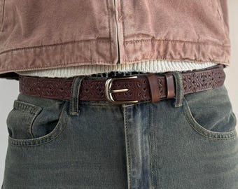 Vintage Brown Leather Belt Ornate Silver Buckle Western Boho Y2K western style belt - TikTok Shop main image 3