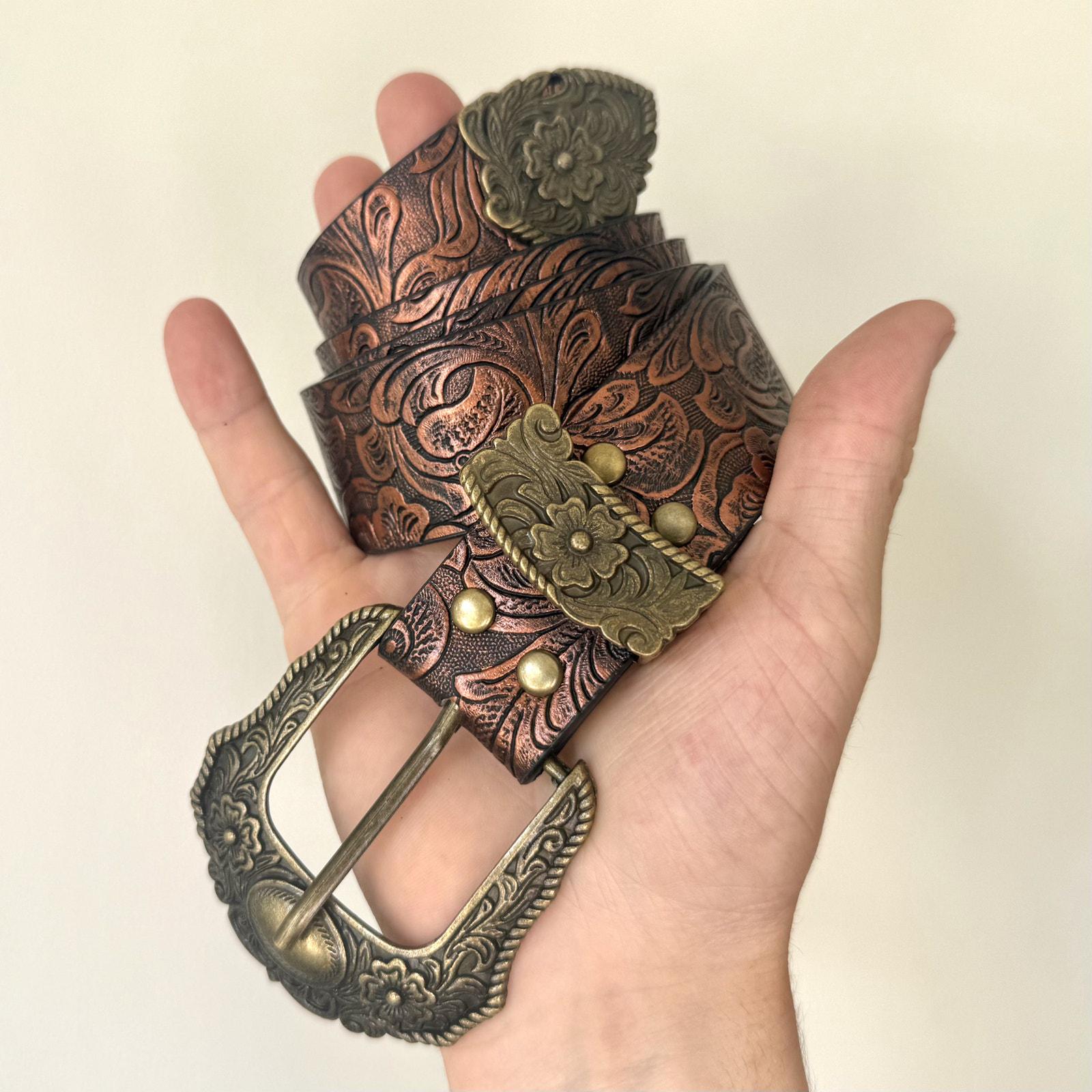 Western Brown and Gold Floral Cowboy Boho Belt - Etsy display picture 2